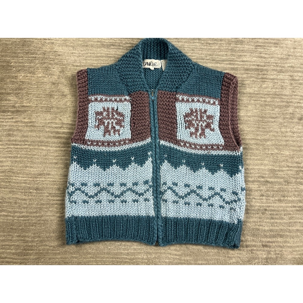 Danielle of California Sweater Vest Womens Small Blue Vintage Nordic Zip Chunky